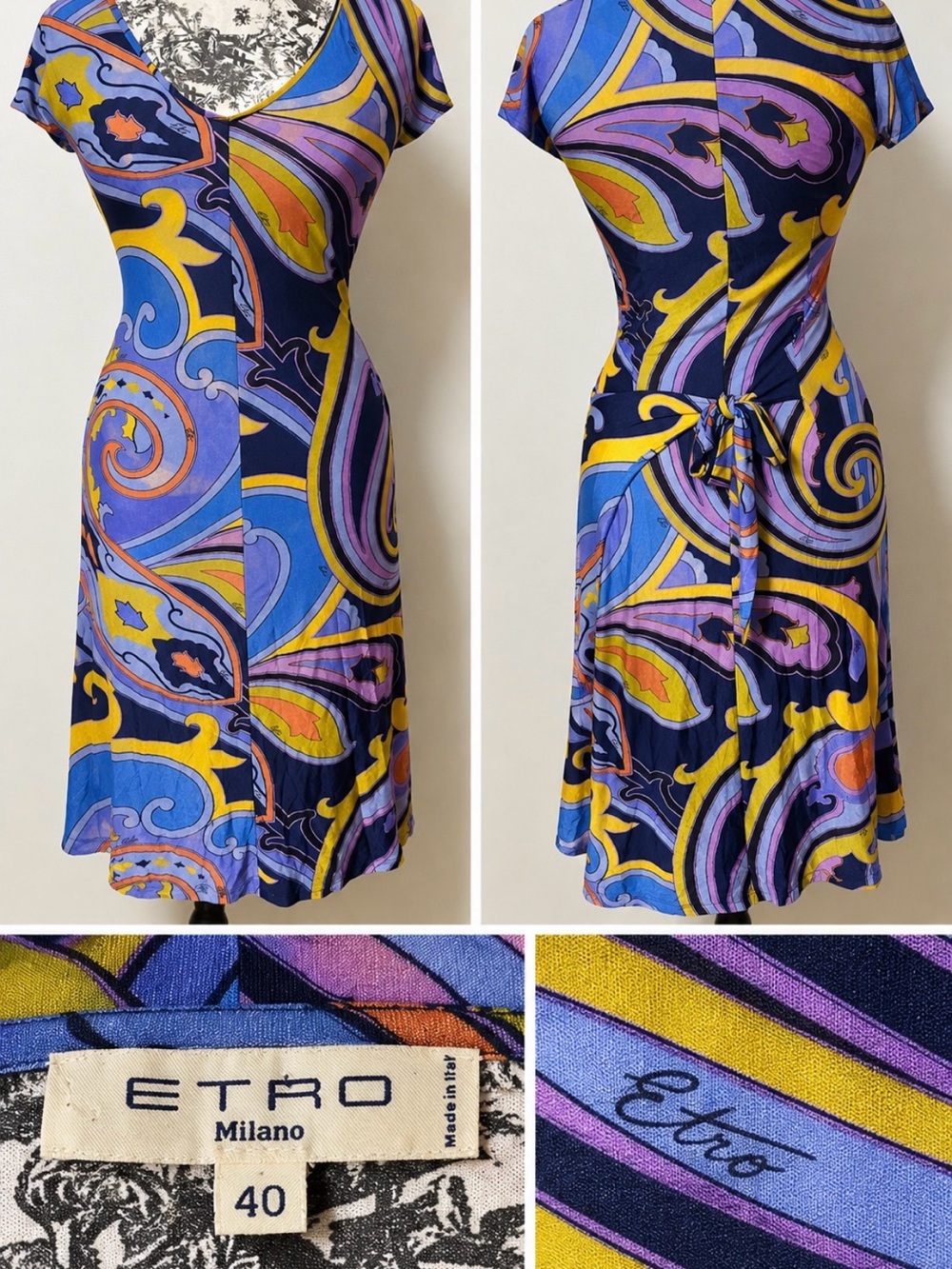 Etro Navy, Yellow & Purple Printed Midi Dress